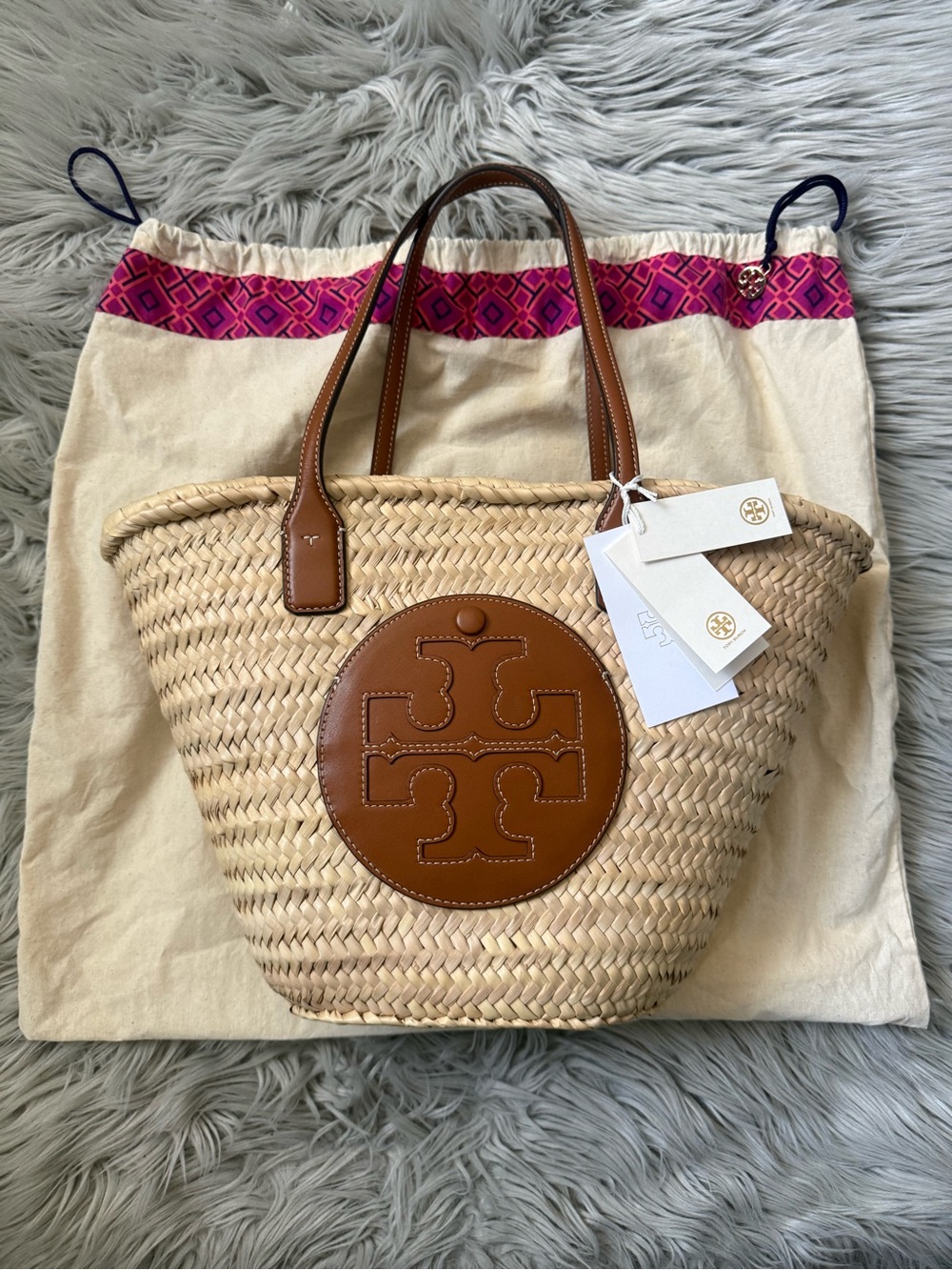 TORY BURCH Ella Straw Basket Tote in Color Natural / Classic Cuoio NWT - Picture 3 of 16